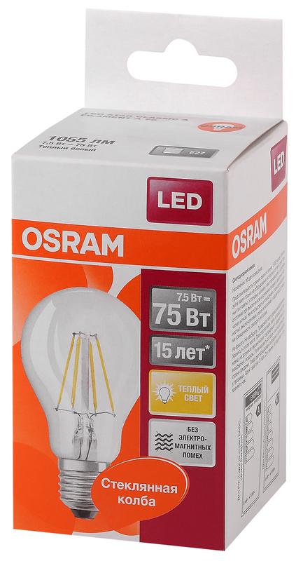 Лампа светодиодная филаментная LED STAR CLASSIC A 75 8W/827 8Вт грушевидная 2700К тепл. бел. E27 1055лм 220-240В прозр. стекло OSRAM 4058075055339