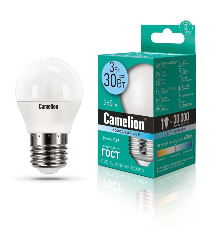 Лампа светодиодная LED3-G45/845/E27 3Вт шар 4500К бел. E27 260лм 220-240В Camelion 11376