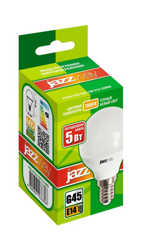 Лампа светодиодная PLED-ECO 5Вт G45 шар 3000К тепл. бел. E14 400лм 220-240В JazzWay 1036896A