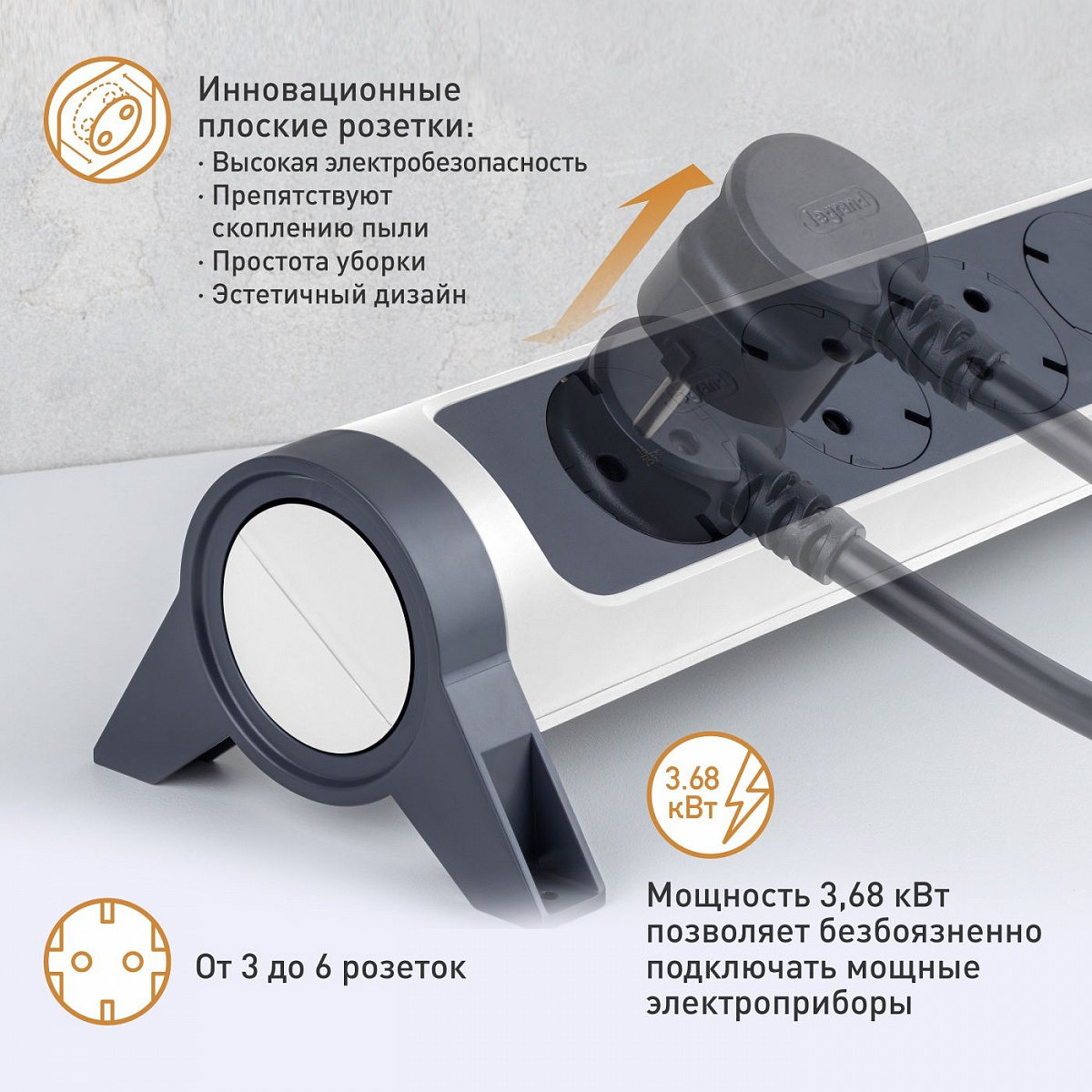 Удлинитель с заземлением  Legrand 3 розетки с кабелем 1,5 м., с 2xUSB A+C (3А) зарядками, защитой от импульсных перенапряжений, кнопкой включения и поворотным основанием, цвет: бело-черный